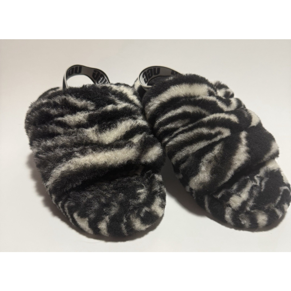 UGG Fluff Yeah Women's Slipper 3 Black Zebra Print Slide Furl Slip On Shoes